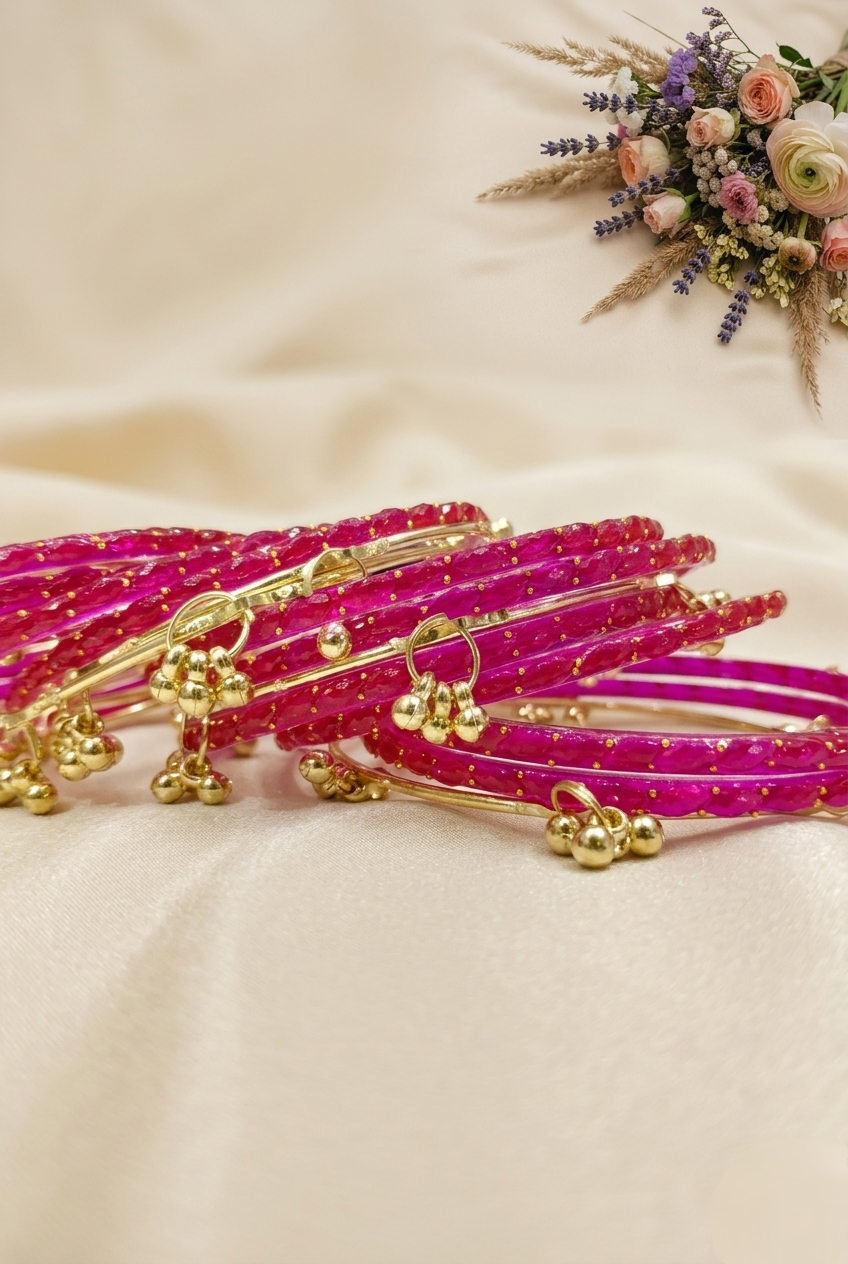 Trending Rani Pink Kashmiri Bangles with Gold Detailing & Sparkle Finish – Elegant Ethnic Wear