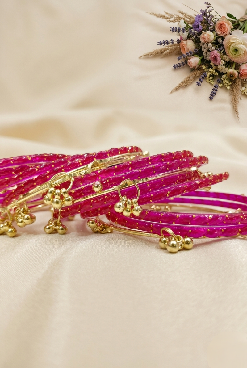 Trending Rani Pink Kashmiri Bangles with Gold Detailing & Sparkle Finish – Elegant Ethnic Wear
