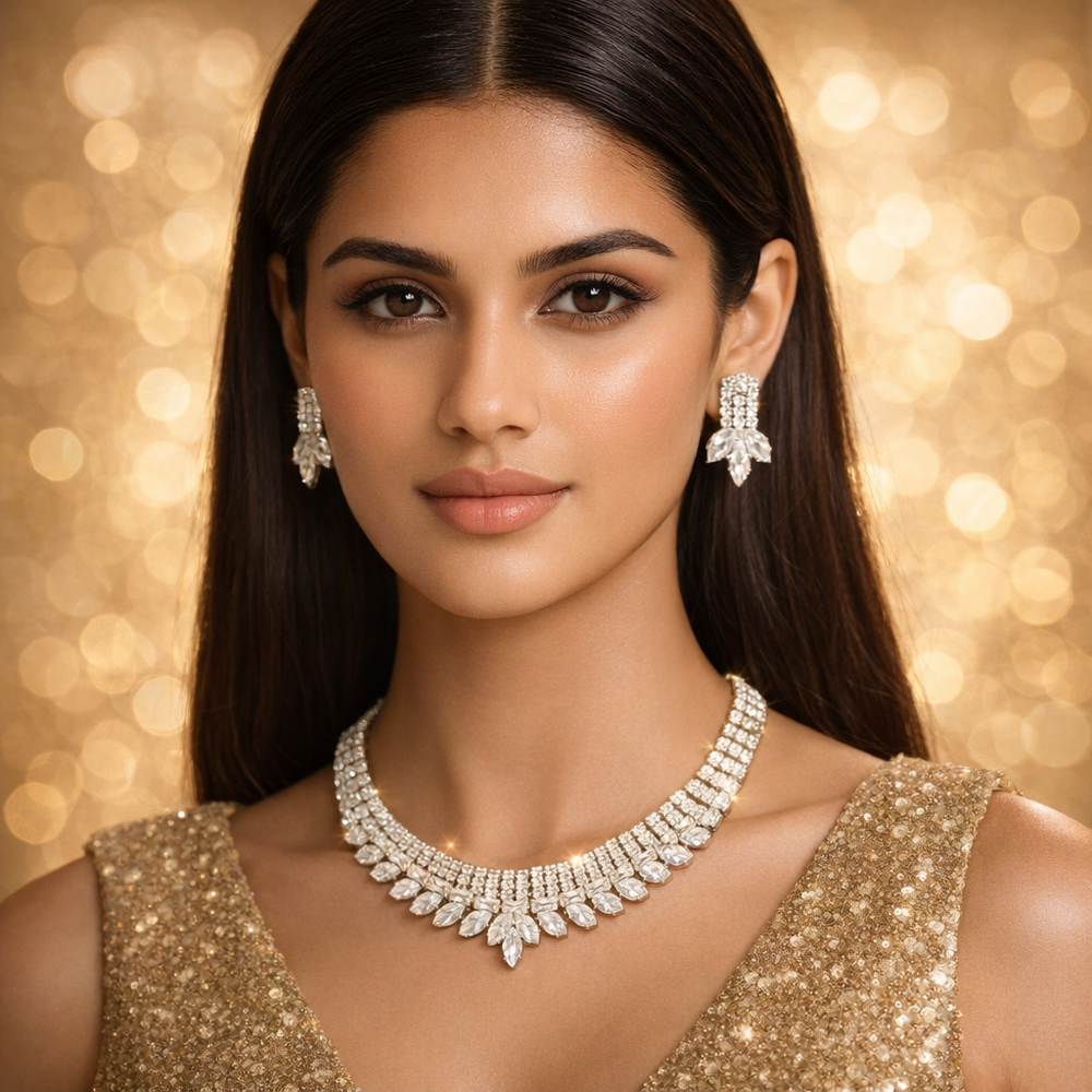 Anti-Tarnish Crystal Necklace Set with Matching Earrings – White Stone Shine
