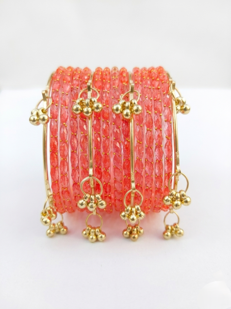Kashmir Gajari Colour Bangles with Gold Tone Ghungroo Charms |