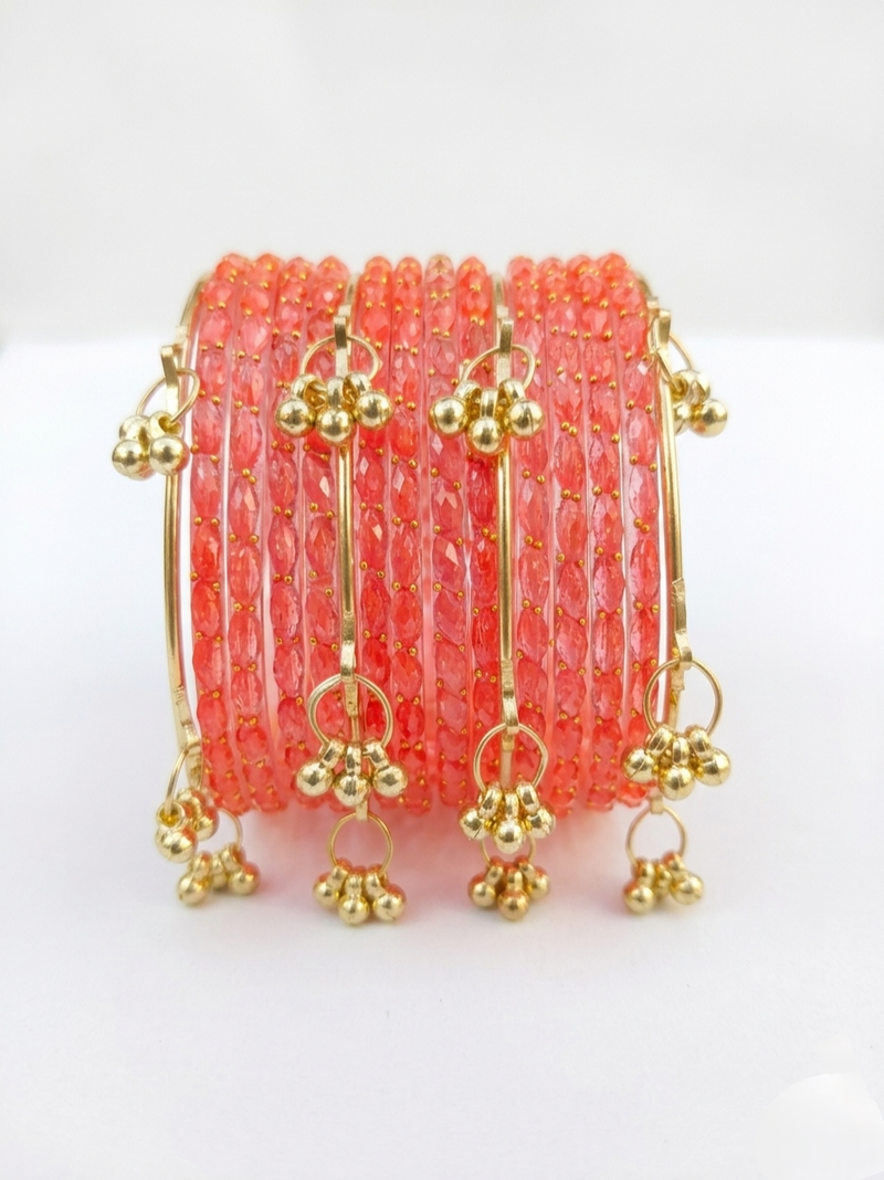 Kashmir Gajari Colour Bangles with Gold Tone Ghungroo Charms |