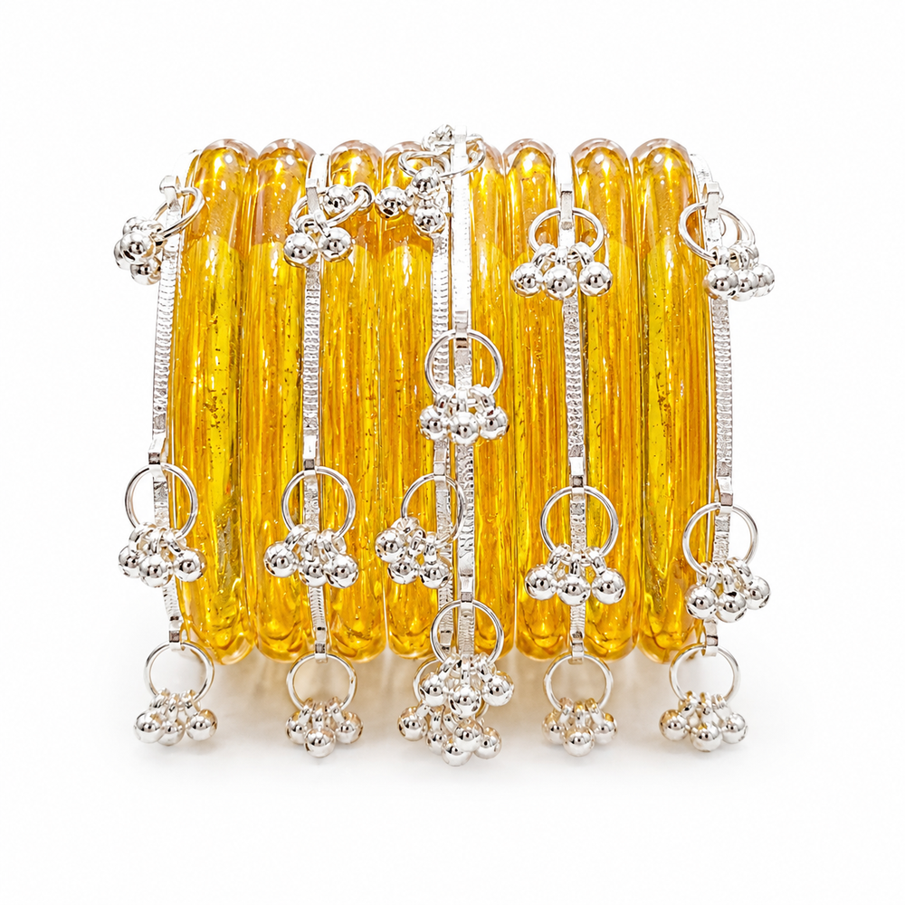 New Trending Yellow Jelly Bangles Set with Silver Ghungroo Set of 8 Pcs