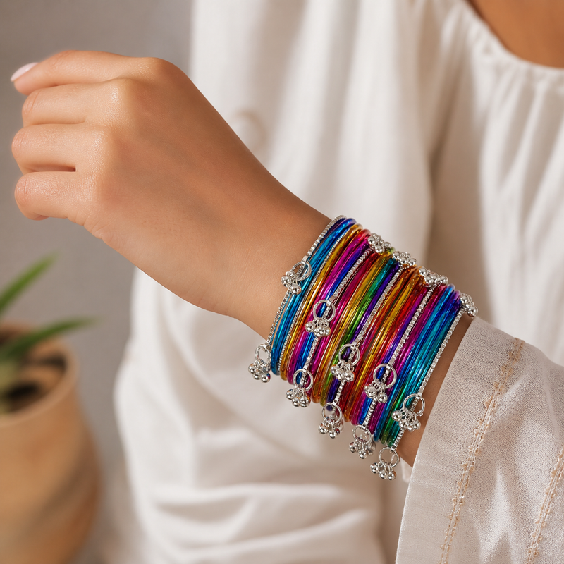Trendy Multi Colour Bangles Set with Silver Kashmiri Ghungroo Charms (Pack of 24)
