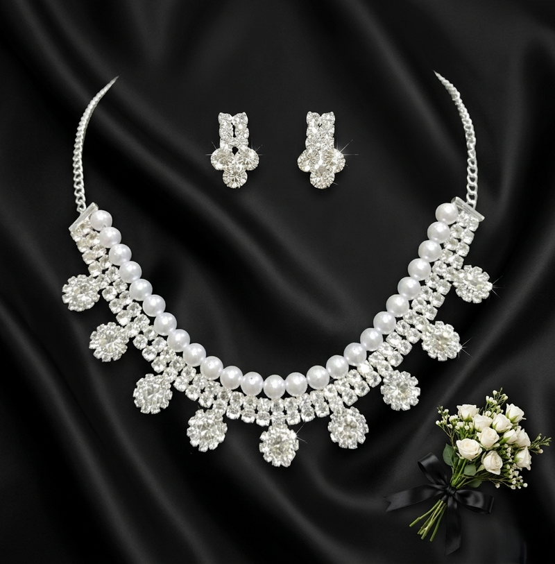 Luxury Pearl & Crystal Necklace Set with Matching Earrings – Party Wear