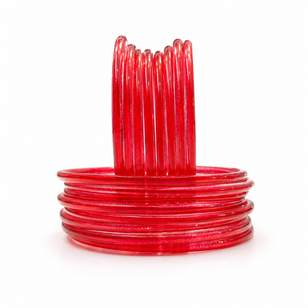 Trendy Transparent Jelly Bangles Set of 24 – Glossy Designer Stack – Red