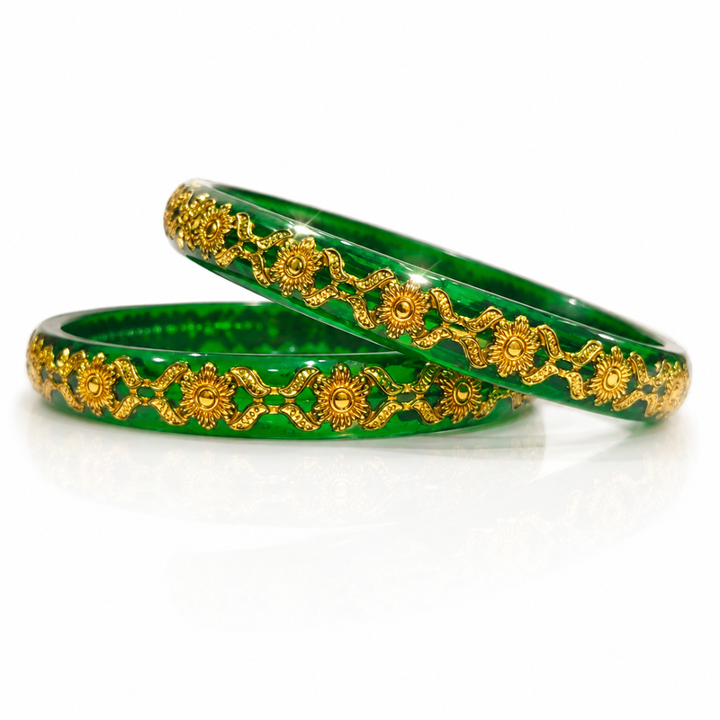 Green Traditional Designer Bangles for Women | Gold Design | Pack of 2