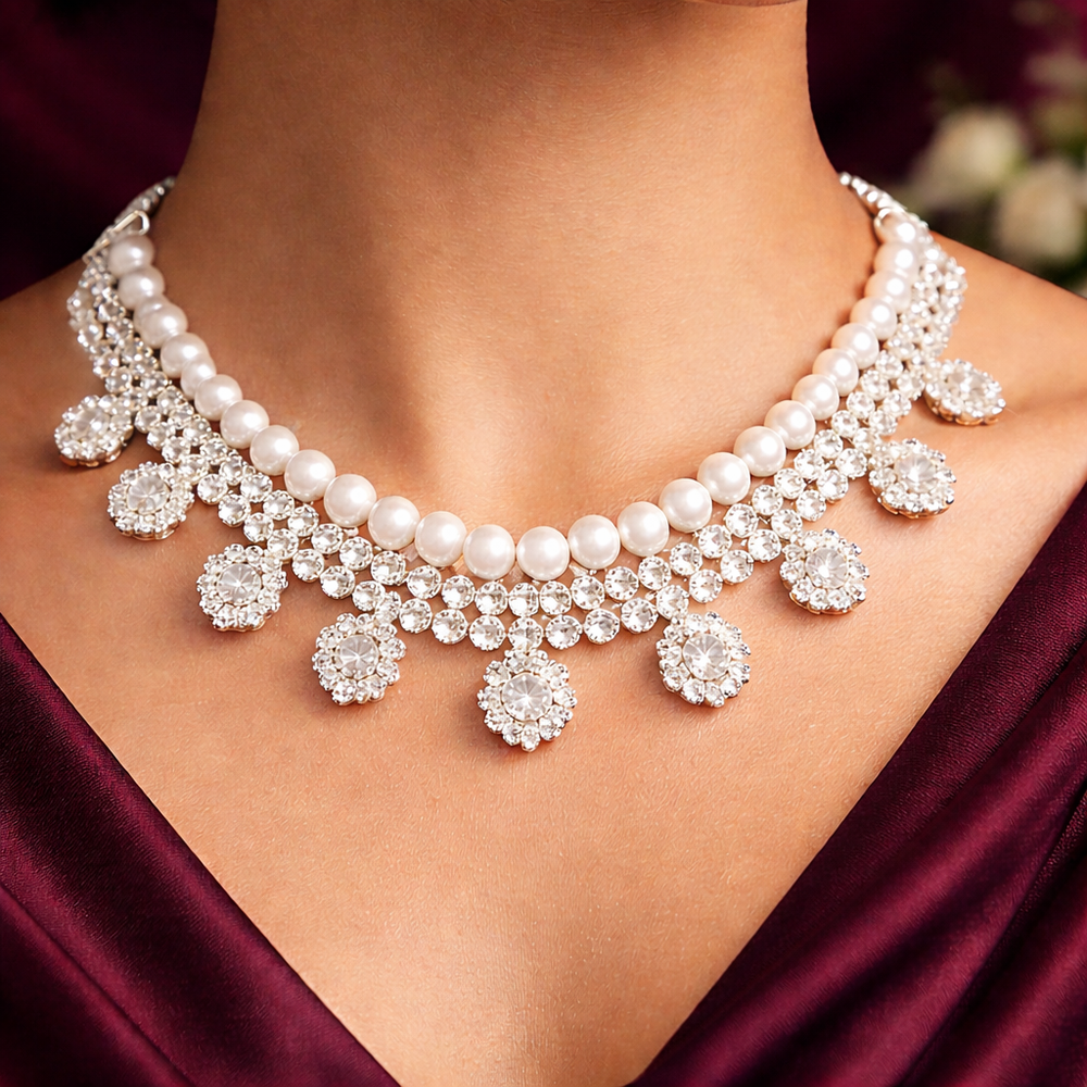 Luxury Pearl & Crystal Necklace Set with Matching Earrings – Party Wear