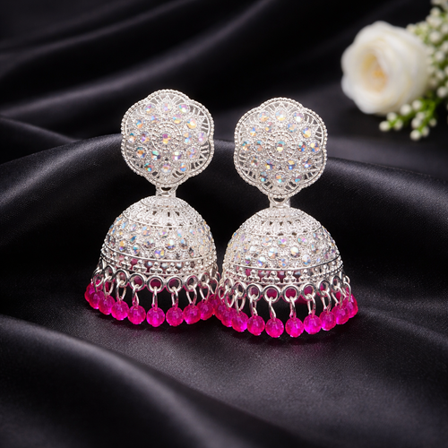 Anti-Tarnish Jhumka Earrings with Sparkling Stones & Pink Beads✨