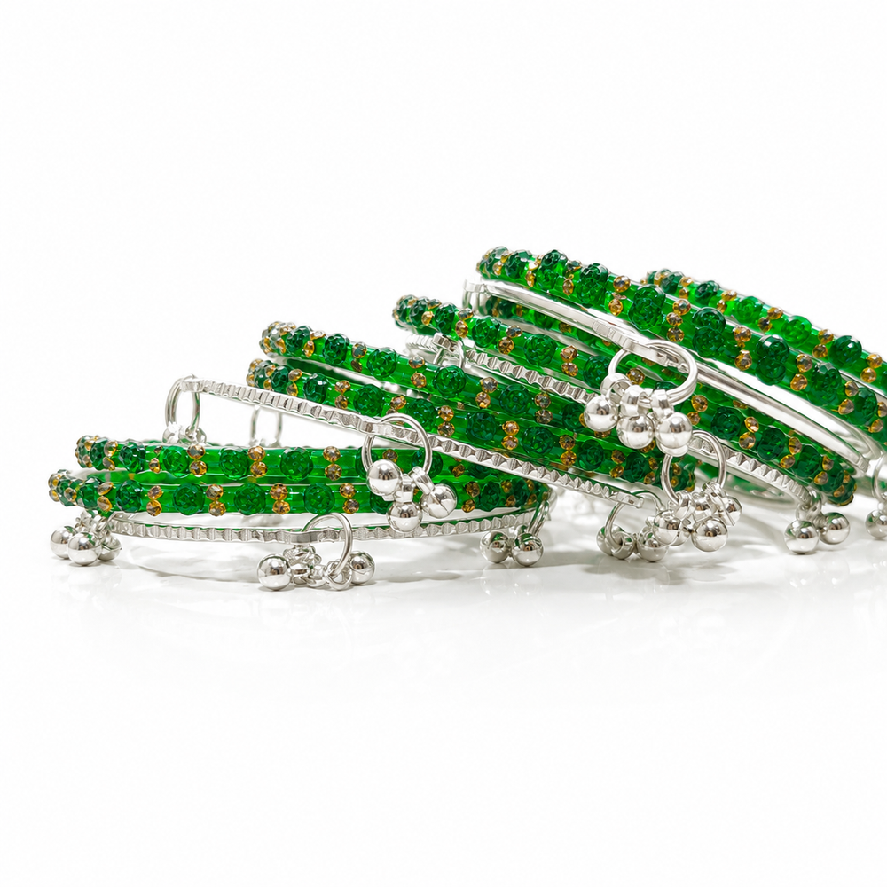 Sawan Special Green Rose Design Bangles with Kashmiri Silver Bangles – Set for Women & Girls|Set of 20 Pcs