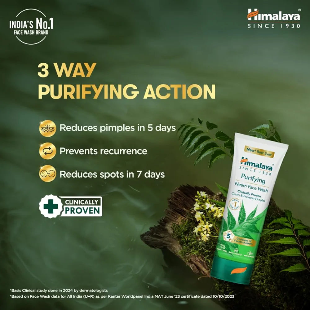 Himalaya Purifying Neem Face Wash|Pack of 2(50g*2)-100g |Clears and Prevents Pimples & Acne|Made with 5 parts of Neem|New & Best Ever clinically Proven formula||For men and women|