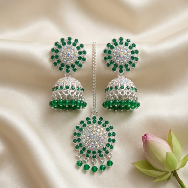 Anti-Tarnish Green Crystal   Jhumka & Maang Tikka Set