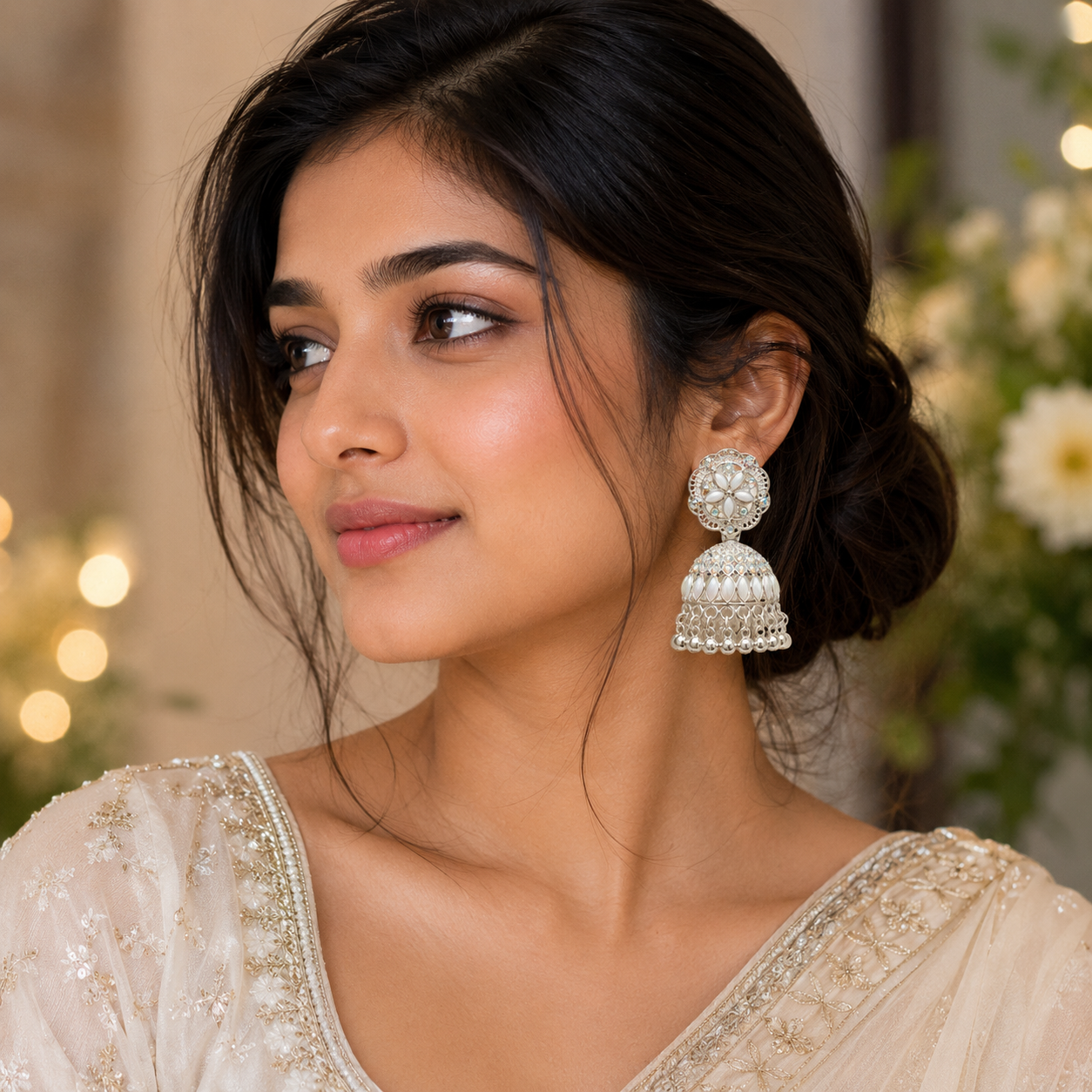 Anti Tarnish White Stone Jhumka Earrings – Traditional Party Wear