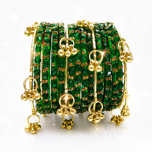 Sawan Special Rose Design Green Glass Bangles with Kashmiri Golden|set of 20Pcs