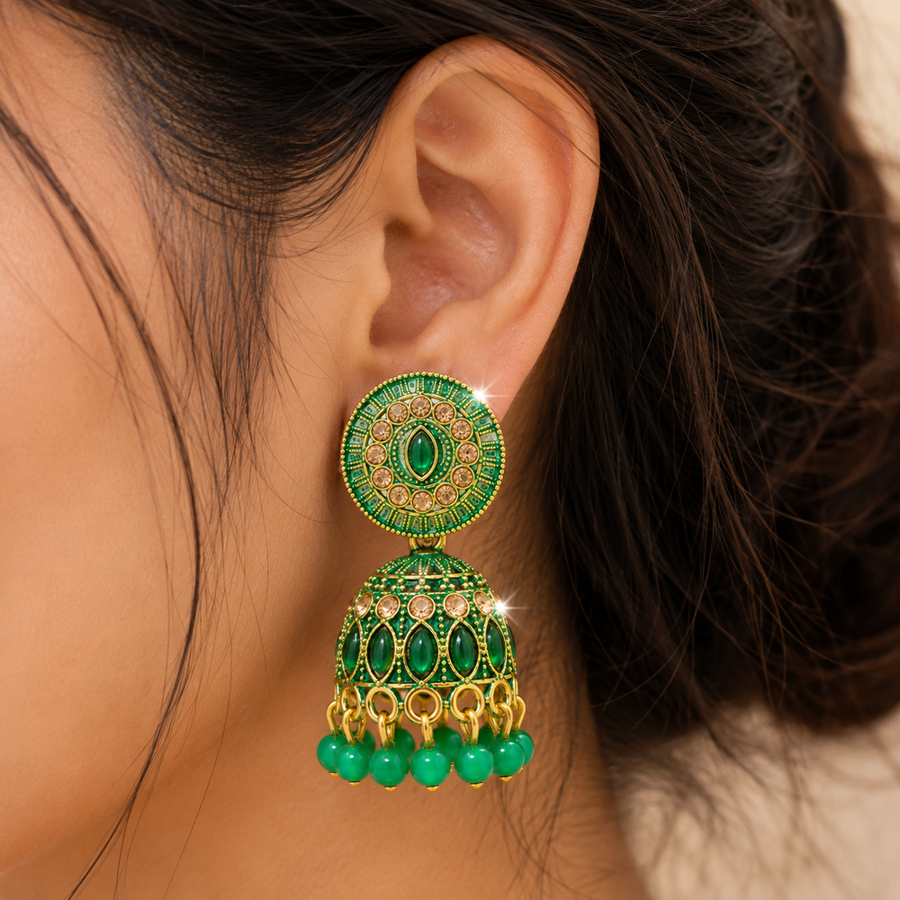 Anti Tarnish Green Designer Jhumki Earrings✨