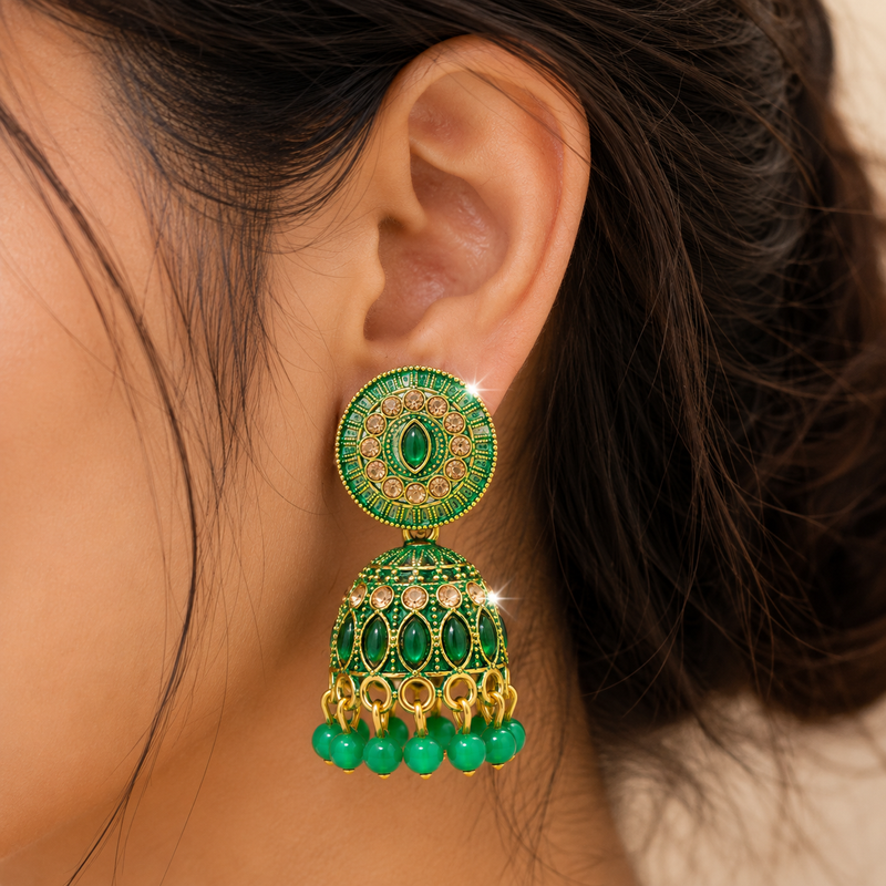 Anti Tarnish Green Designer Jhumki Earrings✨