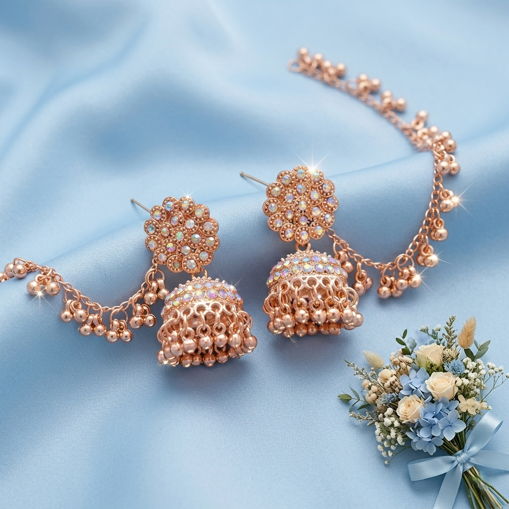 Anti-Tarnish Crystal Jhumka Earrings with Side Lari Chain