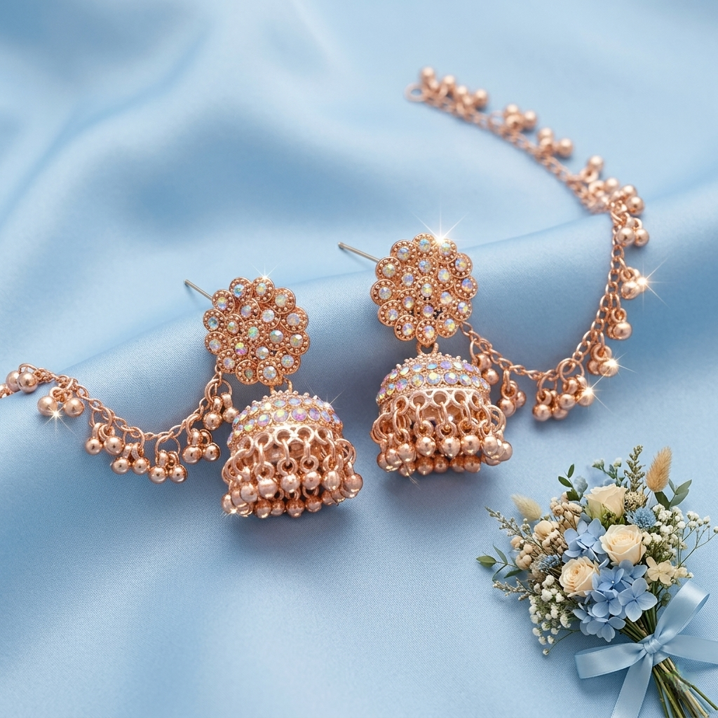 Anti-Tarnish Crystal Jhumka Earrings with Side Lari Chain