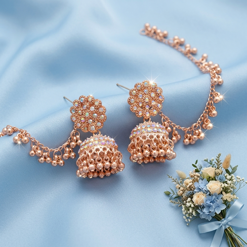 Anti-Tarnish Crystal Jhumka Earrings with Side Lari Chain