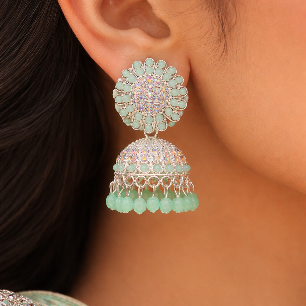 Mint Green Anti-Tarnish Jhumka Earrings & Maang Tikka Set✨