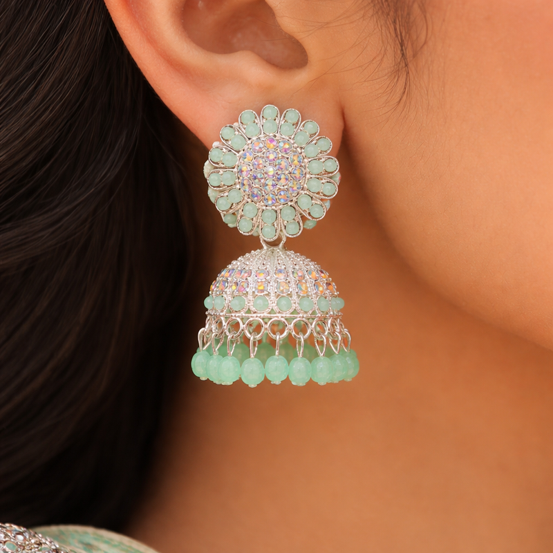 Mint Green Anti-Tarnish Jhumka Earrings & Maang Tikka Set✨