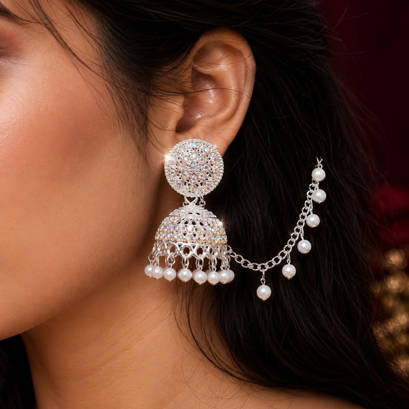 Anti-Tarnish Silver Ethnic Earrings with Lari Elegant Pearl