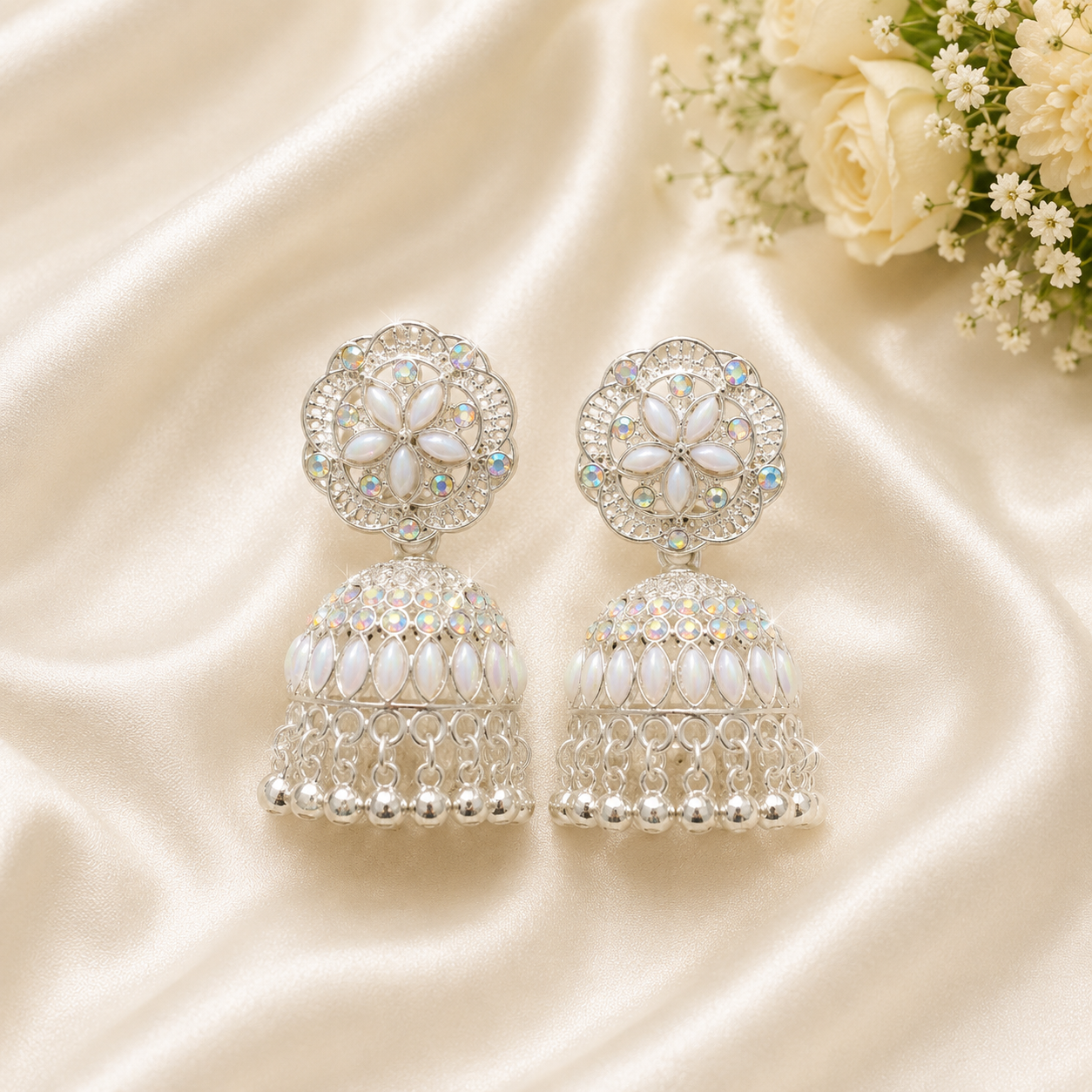 Anti Tarnish White Stone Jhumka Earrings – Traditional Party Wear