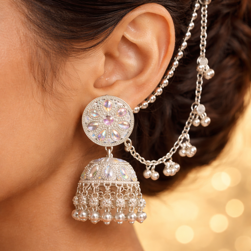 Luxury Anti-Tarnish Crystal Jhumka Earrings – Silver Ethnic Design