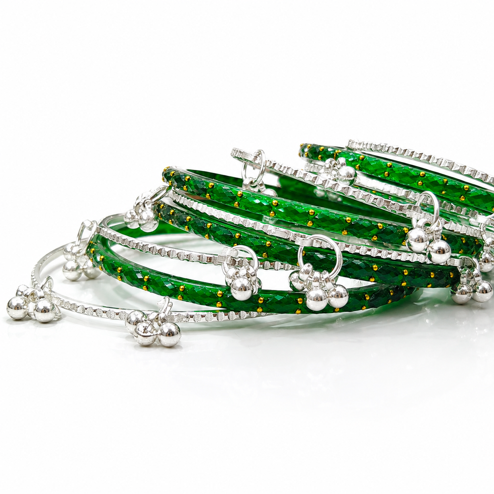 Green Raindrop Bangles with Kashmiri Silver Bangles Set for Women – 20 Pcs