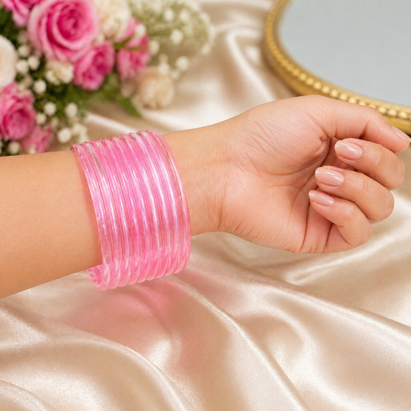 Soft Pink Jelly Bangles Set of 24 💖 – Cute & Stylish Stack