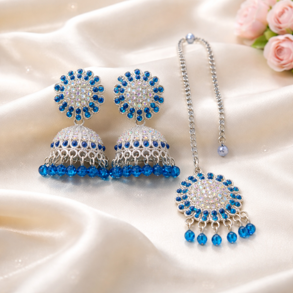 Anti-Tarnish Blue Stone Jhumka Earrings with Matching Maang Tikka✨