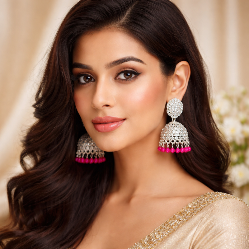 Anti-Tarnish Jhumka Earrings with Sparkling Stones & Pink Beads✨