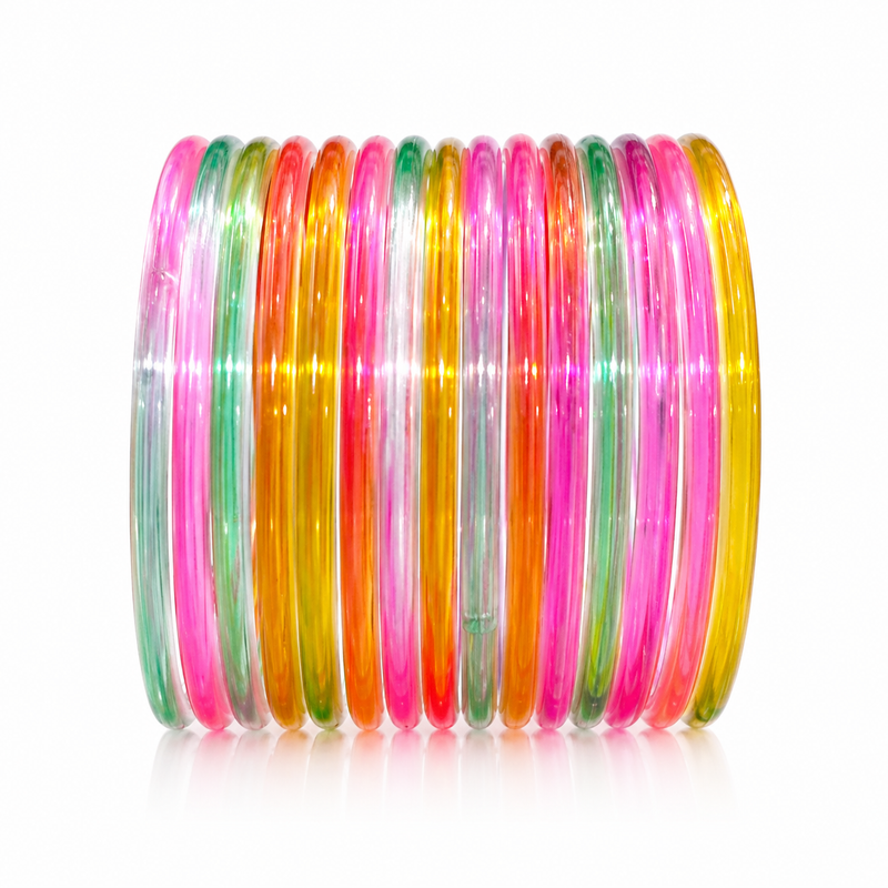 Multi-Color Jelly Bangles Set of 24 – Glossy Transparent Rainbow Stack