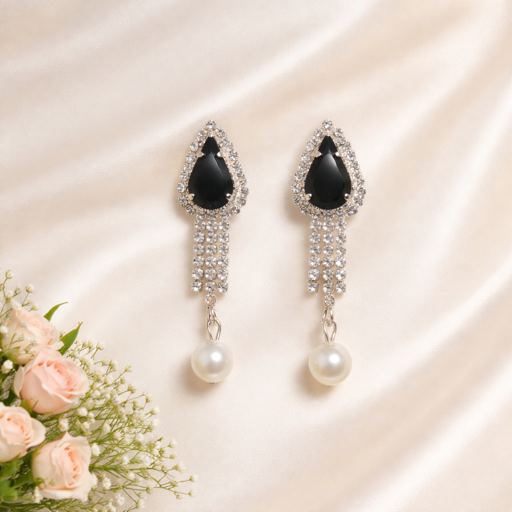Anti-Tarnish Black Stone & Crystal Dangle Earrings with Pearl