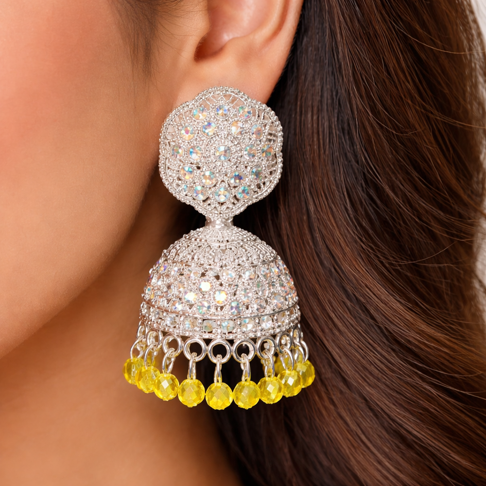 Luxury Anti-Tarnish Silver Jhumka with Yellow Drop Accents✨