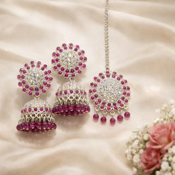 Anti-Tarnish Mehrun Stone Jhumka Earrings with Matching Maang Tikka💖