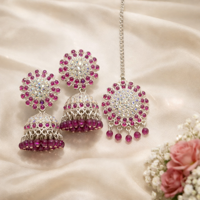 Anti-Tarnish Mehrun Stone Jhumka Earrings with Matching Maang Tikka💖