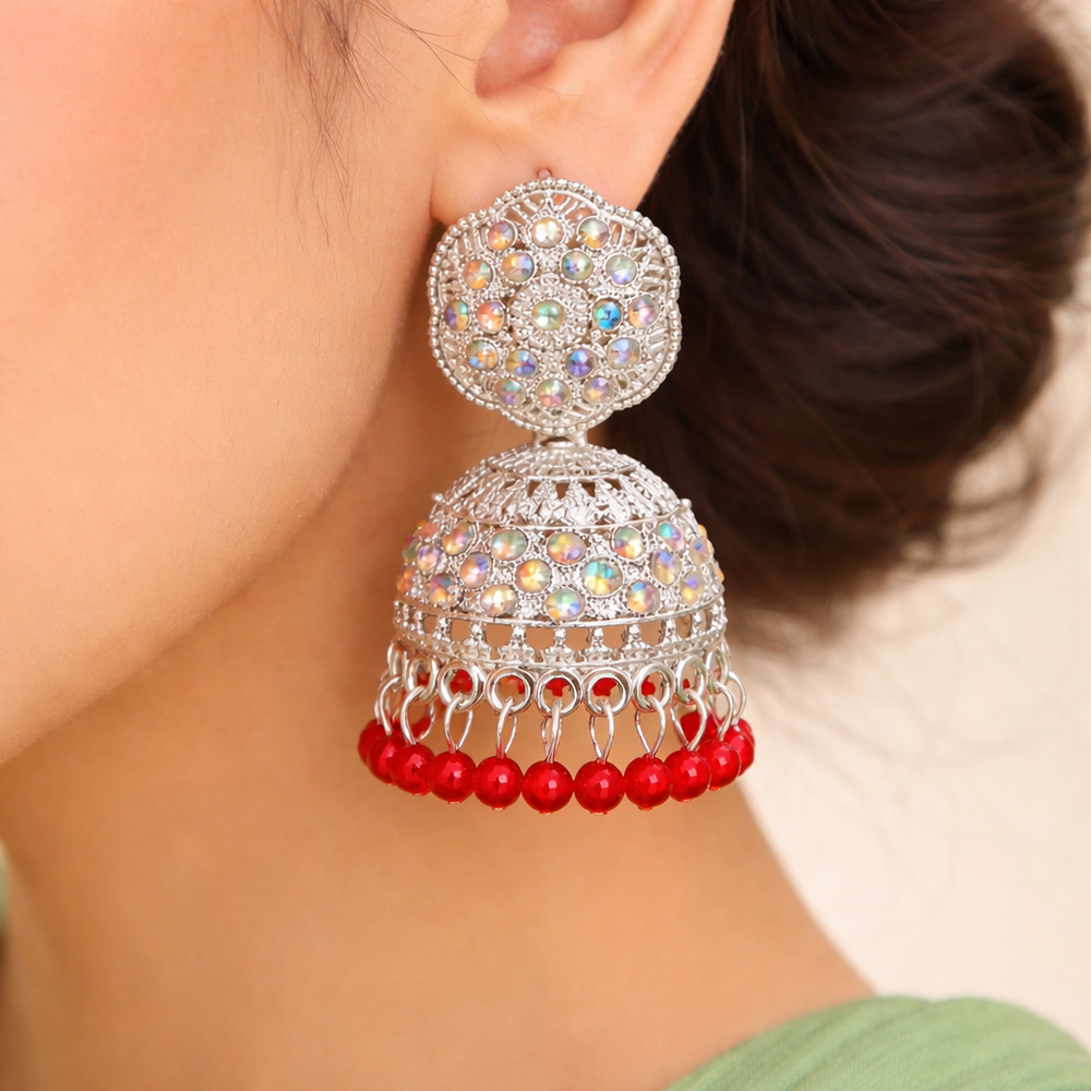 Anti-Tarnish Silver Plated Jhumka Earrings with Red Bead Drops✨
