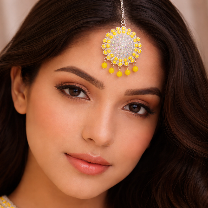 Anti-Tarnish Yellow Jhumka & Maang Tikka Set with Stones