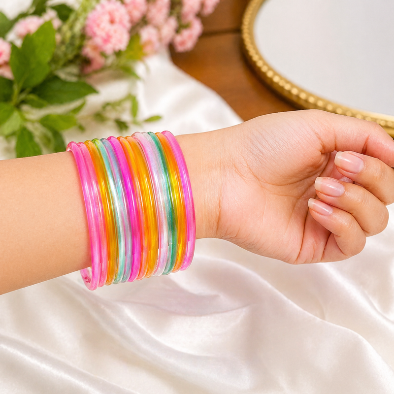 Multi-Color Jelly Bangles Set of 24 – Glossy Transparent Rainbow Stack