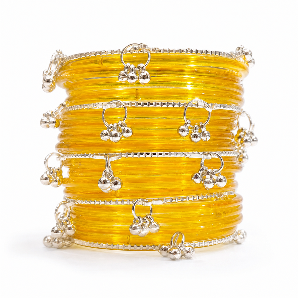 Stylish Golden Transparent Bangles with Silver Ghungroo Design – Trendy Kashmiri Chudi Set