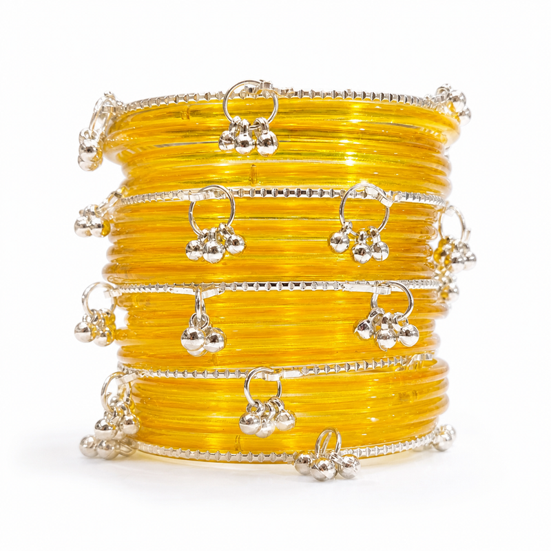 Stylish Golden Transparent Bangles with Silver Ghungroo Design – Trendy Kashmiri Chudi Set