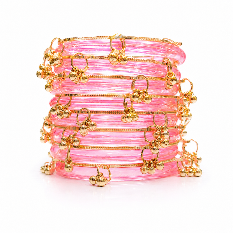 New Trending Pink Jelly Bangles Set with Golden Ghungroo Charms for Women & Girls (set of 8 pcs)