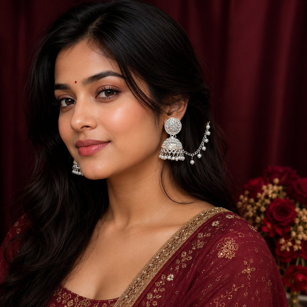 Anti-Tarnish Silver Ethnic Earrings with Lari Elegant Pearl