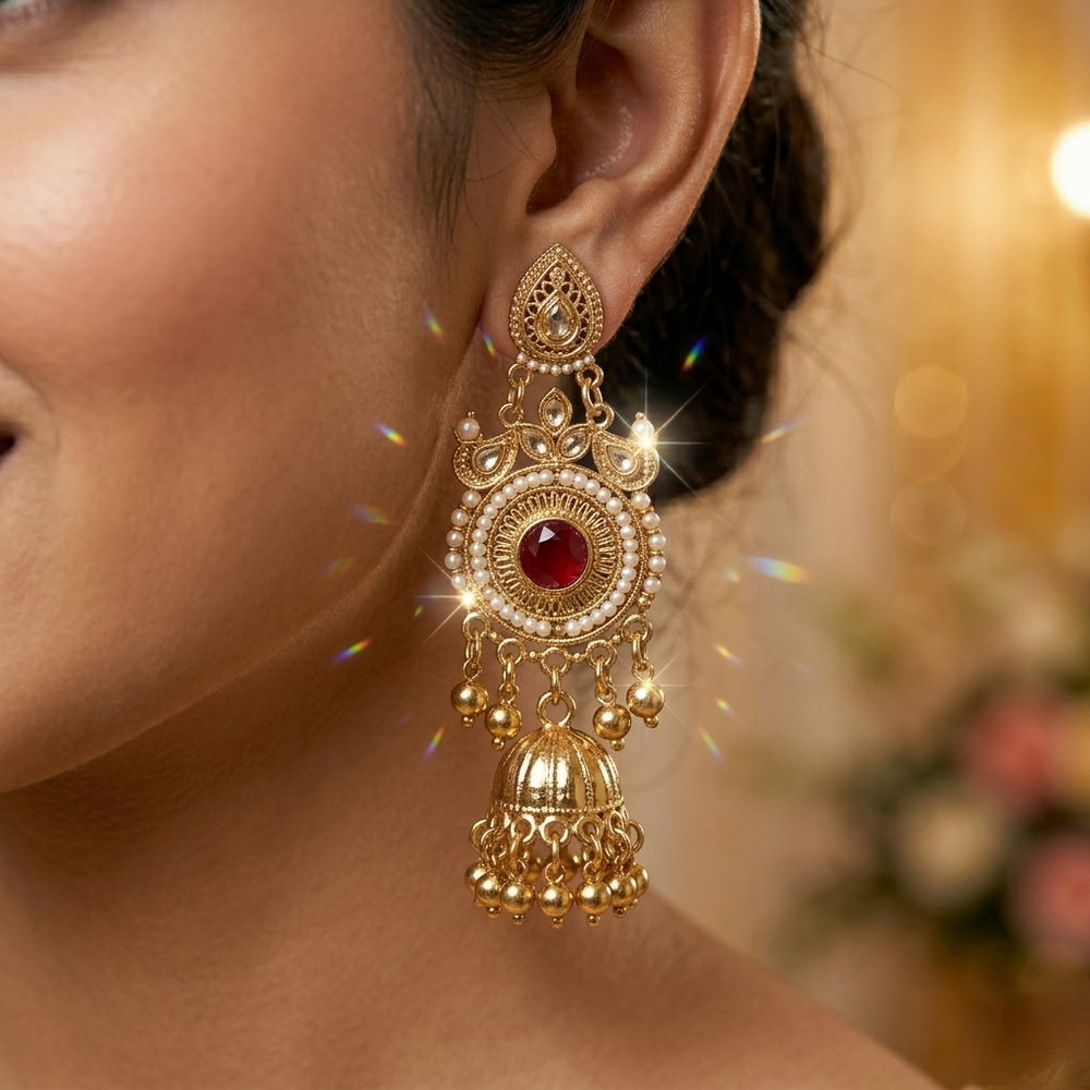 Luxury Kashmiri Design Jhumka Earrings with Red Stone