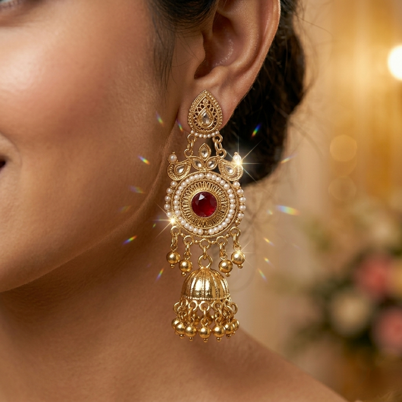 Luxury Kashmiri Design Jhumka Earrings with Red Stone