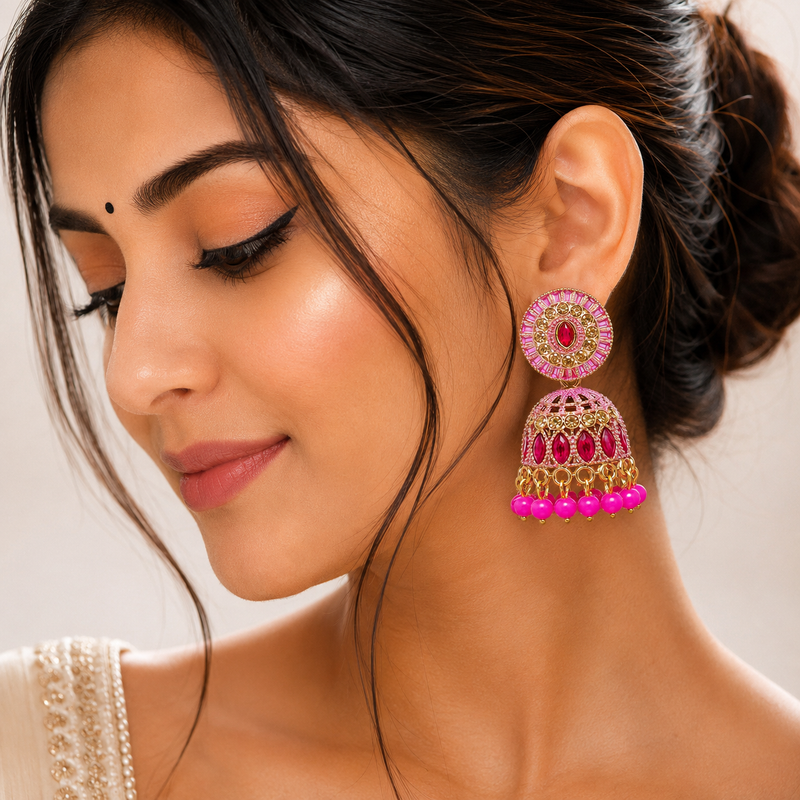 Anti Tarnish Pink Stone Jhumka Earrings-