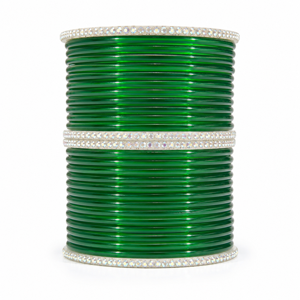 Sawan Collection Green Glass Gopi Bangles – Set of 28 Pcs