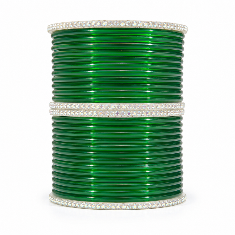 Sawan Collection Green Glass Gopi Bangles – Set of 28 Pcs