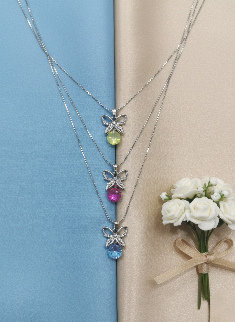 Sweet Charm Butterfly Long Necklace Set – Green Pink Blue Finish