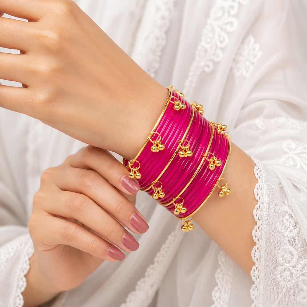 Trendy Jelly Glass Bangles Set with Kashmiri Golden Ghungroo – Set of 24Pcs